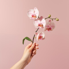 Female hand holding a orchid on pink background, Generative AI
