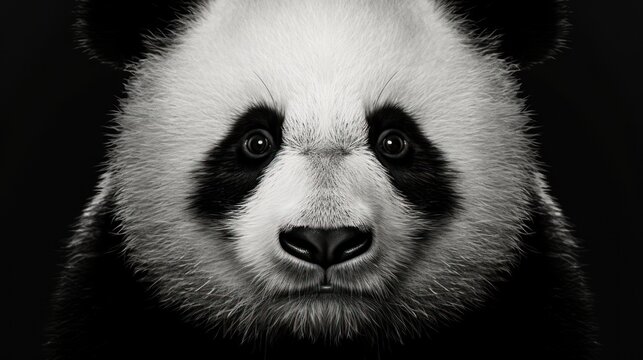  a black and white photo of a panda bear's face with a sad look on it's face.