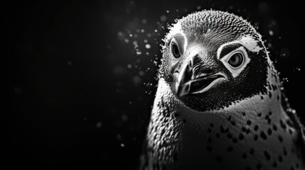  a black and white photo of a penguin with bubbles of water coming out of it's beak and eyes. - obrazy, fototapety, plakaty