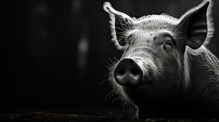  a black and white photo of a pig's face with a sad look on it's left eye.