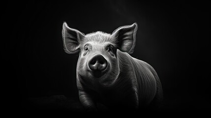  a black and white photo of a pig's face with its ears turned to look like it's looking at the camera.