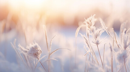 Copy space, stockphoto, Beautiful gentle winter landscape, frozen grass on snowy natural background. Winter background with flowers covered snow crystals glittering in sunlight. Defocused winter lands - obrazy, fototapety, plakaty