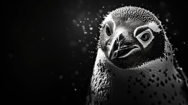  a black and white photo of a penguin with bubbles of water coming out of it's beak and eyes.