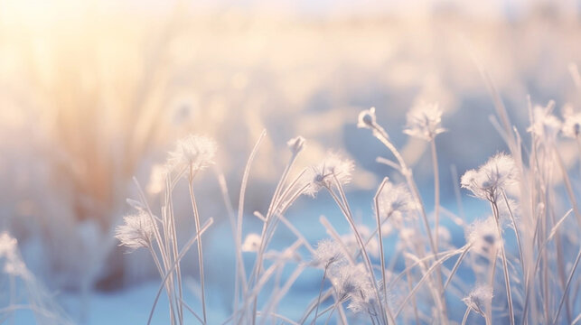 Copy space, stockphoto, Beautiful gentle winter landscape, frozen grass on snowy natural background. Winter background with flowers covered snow crystals glittering in sunlight. Defocused winter lands