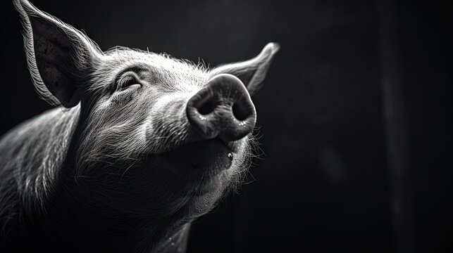  a black and white photo of a pig with its nose up to the side of the pig's head.