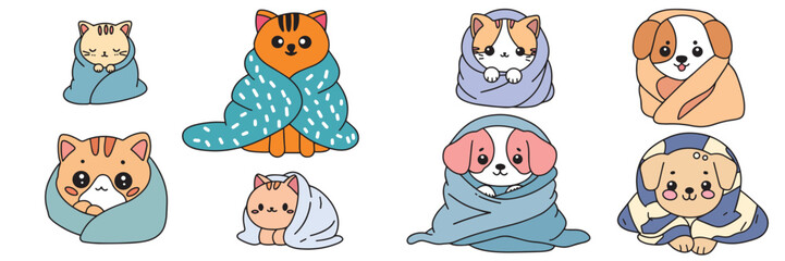 Set of cute pet wrapped in blanket. Cozy kitty and puppy colored outline. Little cat and dog wrapped in blanket in doodle style. Hand drawn vector art.