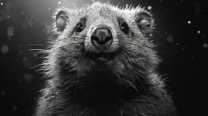  a black and white photo of a rodent looking at the camera with its mouth open and it's tongue out.