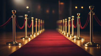 Red carpet with red rope barrier in a row. The concept of a VIP event for stars and celebrities. ai generative