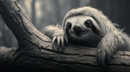  a three - toed sloth hangs on a tree branch in a black and white photo with a blurry background.