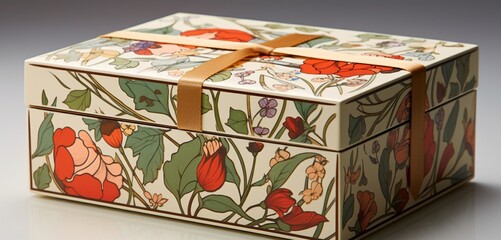 An Art Nouveau-inspired Valentine's gift box with flowing, organic designs, set against a backdrop of lush, blooming gardens.