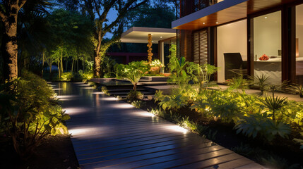 modern illuminated path in the garden near the house. ai generative
