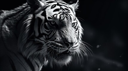  a black and white photo of a tiger's face, with a blurry background of snow flakes.