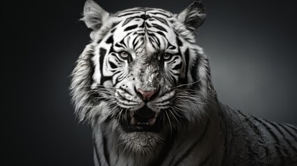  a close up of a white tiger's face with it's mouth open and it's eyes wide open.