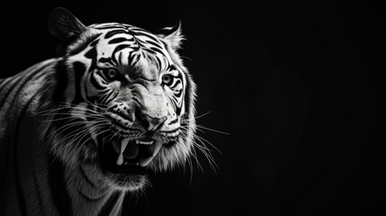 a black and white photo of a tiger with it's mouth open and it's mouth wide open.