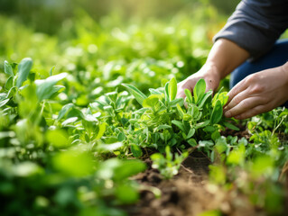 Fototapeta na wymiar Close-up of a hand nurturing young oregano plants in sunlight.