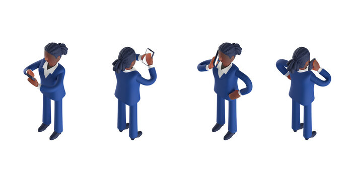 スーツを着てネクタイをしたスマートな女性キャラクターをアイソメトリックに配置した3DCGレンダリング画像