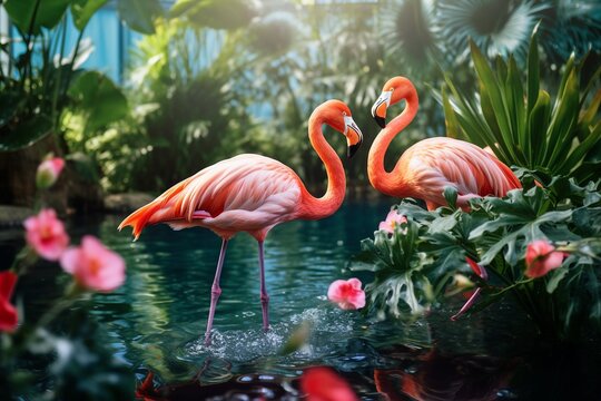 Tropical ambiance with flowers, plants, leaves, and the graceful presence of flamingos.