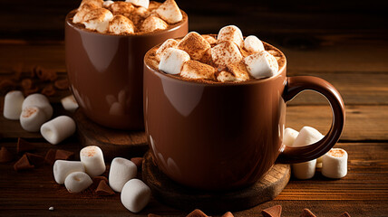 hot chocolate in cup with marshmallows and cinnamon - obrazy, fototapety, plakaty