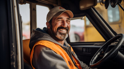 Happy driver of an industrial dump truck sits in the cab and works on a construction site. ai generative
