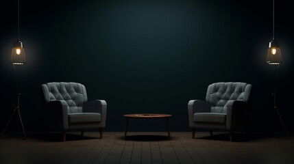 Two chairs and spotlights in podcast or interview room on dark background - obrazy, fototapety, plakaty
