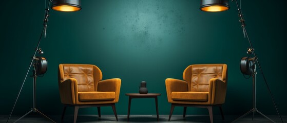 Two chairs and spotlights in podcast or interview room on dark background
