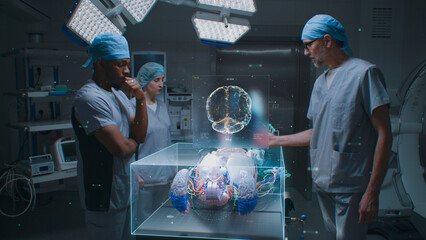 Multiethnic surgeons work in hospital operating room. 3D graphics of virtual hologram showing human...