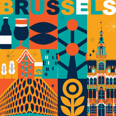 Typography word "Brussels" branding technology concept. Collection of flat vector web icons. Culture travel set, famous architectures, specialties detailed silhouette. Belgium famous landmark
