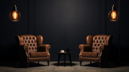 Two chairs and spotlights in podcast or interview room on dark background