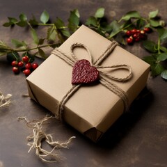 An eco-friendly, brown paper Valentine's gift box, adorned with a natural jute twine and a sprig of holly.