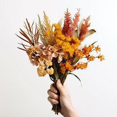 Female hand holding wildflowers bouquet on white background, Generative AI