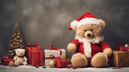  a teddy bear wearing a santa hat and sitting next to a pile of presents and a teddy bear next to a christmas tree.