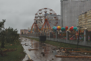 dirty flooded street embankment in Batumi after a strong storm and bad weather