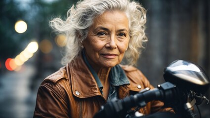 older woman with leather motorbike jacket looking friendly sitting on a motorbike