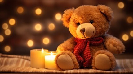  a teddy bear with a scarf around its neck and a lit candle in front of a boke of lights.