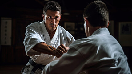Karateka demonstrating joint lock technique controlled force bright gi intense focus karate skill
