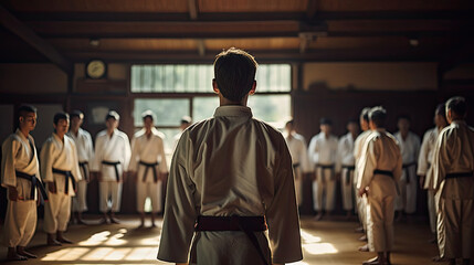 Karateka and sensei bowing in dojo warm colors respectful posture engaging karate scene - obrazy, fototapety, plakaty