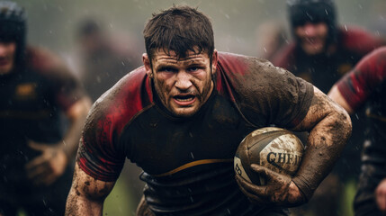 Rugby player charging towards opponents unwavering focus vivid pitch colors intense concentration competitive spirit in rugby