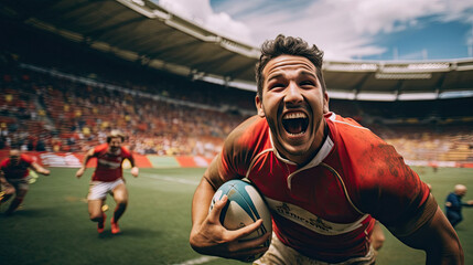 Joyful rugby player scoring by diving across the try line