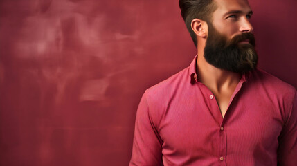 A handsome middle-aged mature man with long thick brown beard and hair, wearing pink shirt, looking away to the side, fit and attractive model, textured wall background, healthy and charming adult