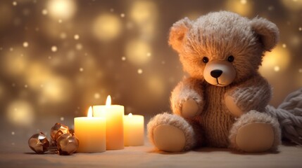  a teddy bear sitting in front of a lit candle and a christmas ornament on a table with a blurry background.