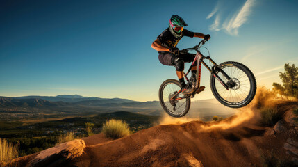 Fototapeta na wymiar Mountain biker catching air off a natural jump vibrant colors thrilling