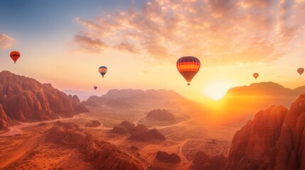 Mountains of Al Ula desert Saudi Arabia touristic destination, ballons at the golden sunset - obrazy, fototapety, plakaty