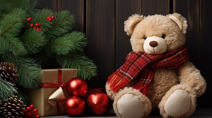  a brown teddy bear sitting next to a christmas tree with a red scarf around it's neck and a red ornament.