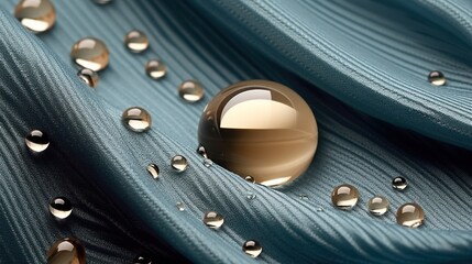  a close up of water droplets on a blue cloth with a gold sphere in the center of the image and a few other drops of water droplets on the fabric.