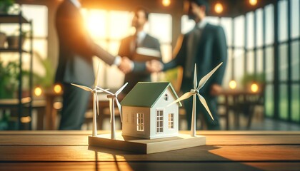 The image shows a scale model of a green-roofed white house with wind turbines on a wooden table, while in the background, - obrazy, fototapety, plakaty