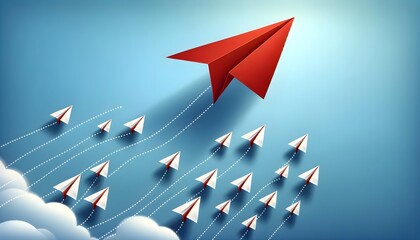 The image features a large red paper airplane soaring above smaller white paper airplanes against a blue sky with white clouds,