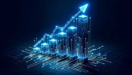 The image features a glowing neon blue 3D bar graph with rising bars and a dynamic upward arrow, set against a dark digital circuit board background, illustrating technological growth or data increase