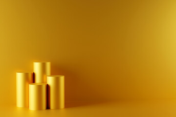 Golden luxury pedestal for product display, luxury cylinder blank stage, 3D Render