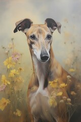 Obraz premium Brown and white galgo dog in flower field, spanish greyhound breed standing in nature. Whippet purebred. Sight hound hunting animal