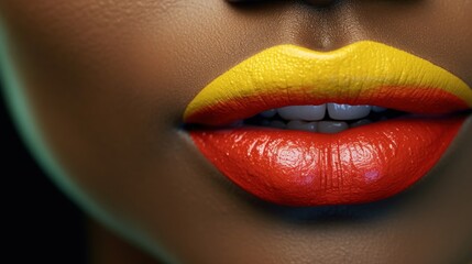 Close-up portrait of beautiful african american woman with bright yellow and red lips makeup. Cosmetics. Makeup. Make-up. Make up Concept.